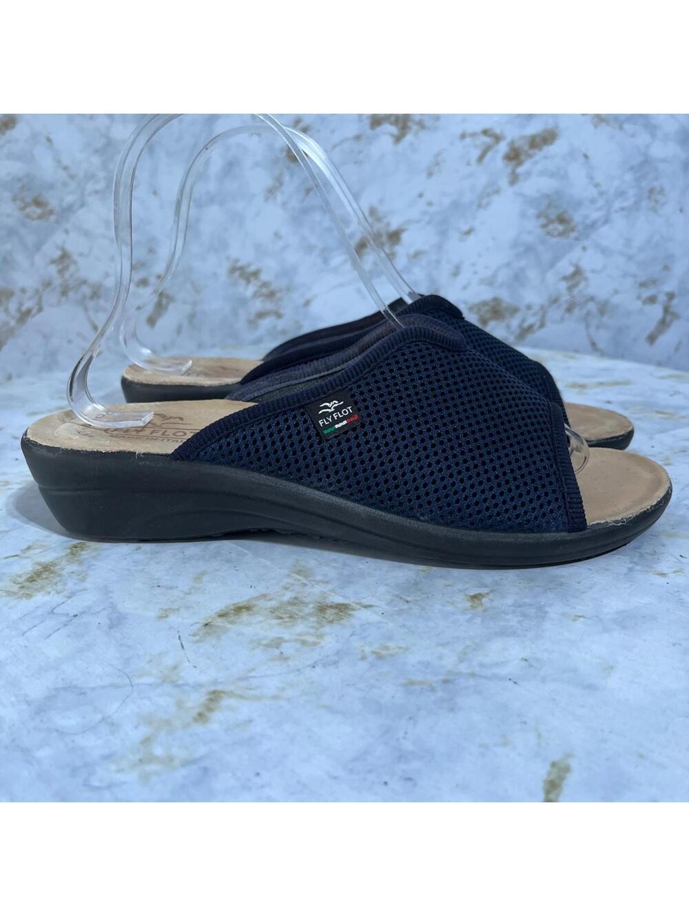 Fly Flot 39 Womens Size 8 Shoes Blue Black Slides Comfort Wedge Open Toe Sandals